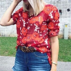 Cabi Hothouse Floral Red and Orange Women's Top semi sheer layering